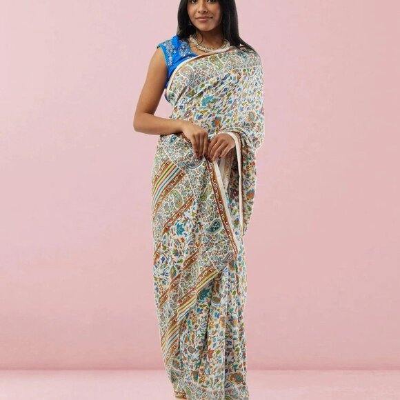 White Printed Kashmiri Silk Saree | Muvvas Boutique - Picture 4 of 5